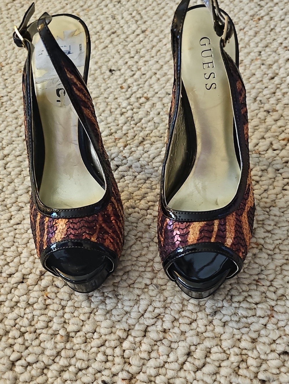 GUESS Copper Sequin Peep-Toe Slingback Heels with Black Patent Trim